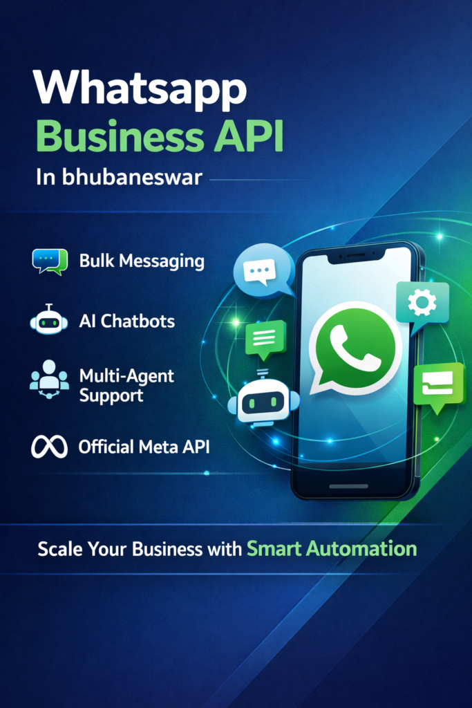 Professional social media graphic highlighting Whatsapp Busines API In bhubaneswar with features like bulk messaging, AI chatbots, and business automation.